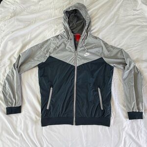 Nike Two-Tone Hooded Windbreaker Jacket - Gray & Blue Medium